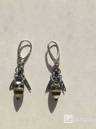 Серьги пчела бижутерия украшение металл под золото камни натуральные сережки женские мода стиль топ Moscow