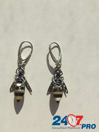 Серьги пчела бижутерия украшение металл под золото камни натуральные сережки женские мода стиль топ Москва - изображение 2